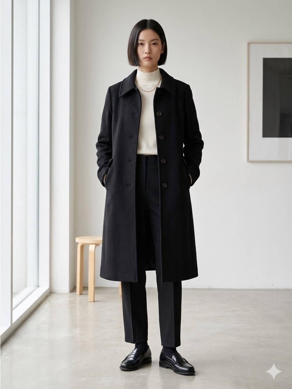Vintage 90s CG Cecil Gee Black Wool Cashmere  Long Minimalist Coat - Medium